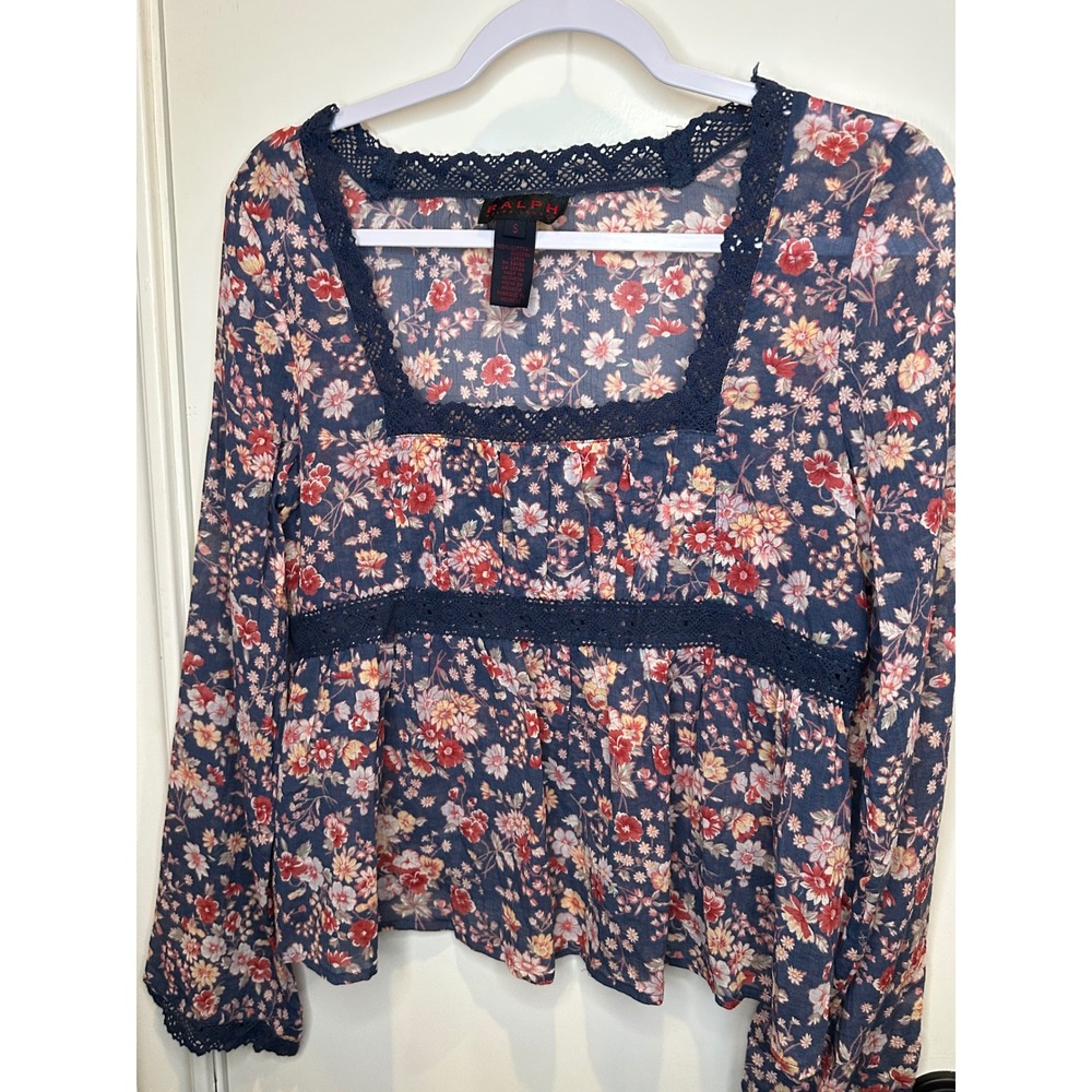 Ralph Lauren Floral Cotton Gauze Lace Trim Blouse Navy Blue Red Small